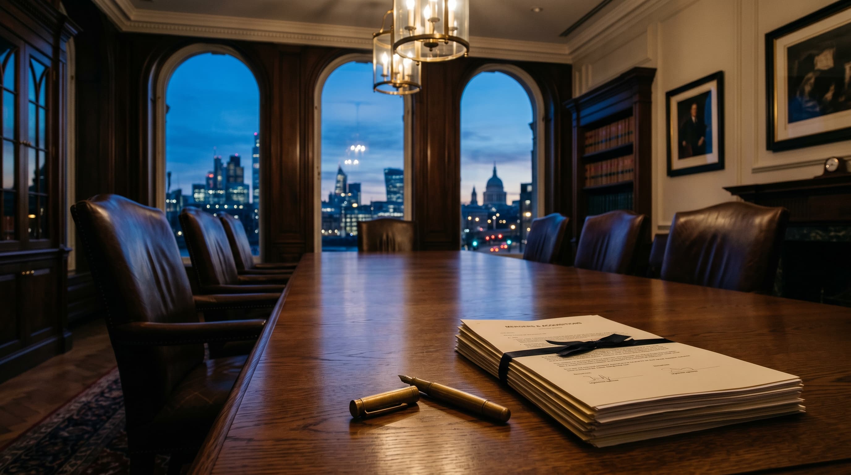 Premium Anwaltskonferenzraum mit Verträgen auf Eichentisch — Sinnbild für das Co-Counsel-Modell im Unternehmensverkauf