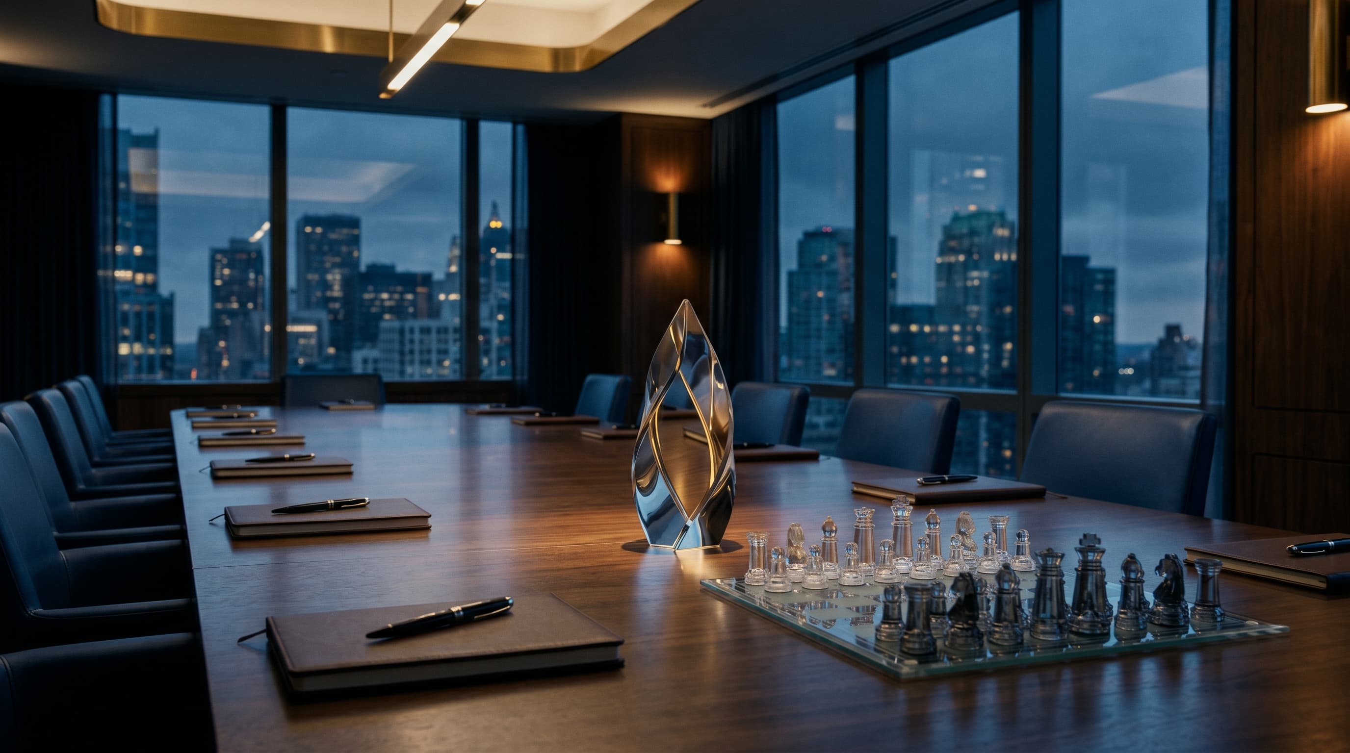 Premium Boardroom bei Dämmerung mit Schachfiguren auf Walnuss-Tisch — Sinnbild für strategische Käufer-Auswahl