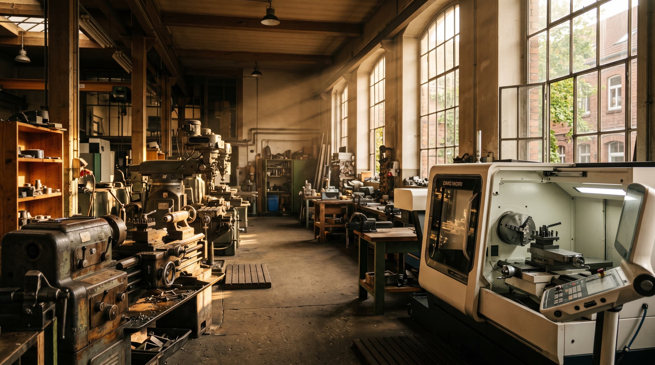 Traditionelle Mittelstand-Werkshalle mit Vintage- und CNC-Maschinen — Sinnbild für Generationswechsel im Mittelstand