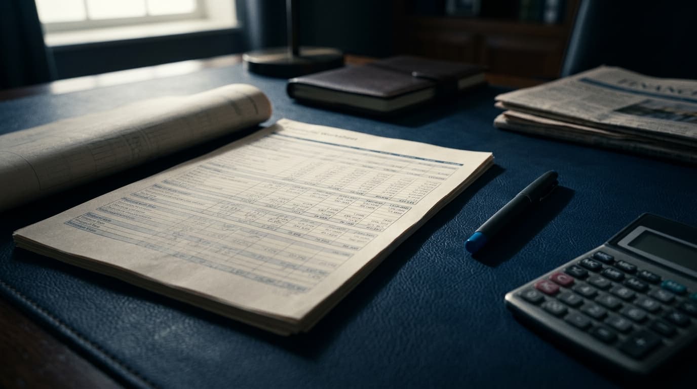 Bewertungsdokument auf Navy-Schreibtisch — Unternehmensbewertung