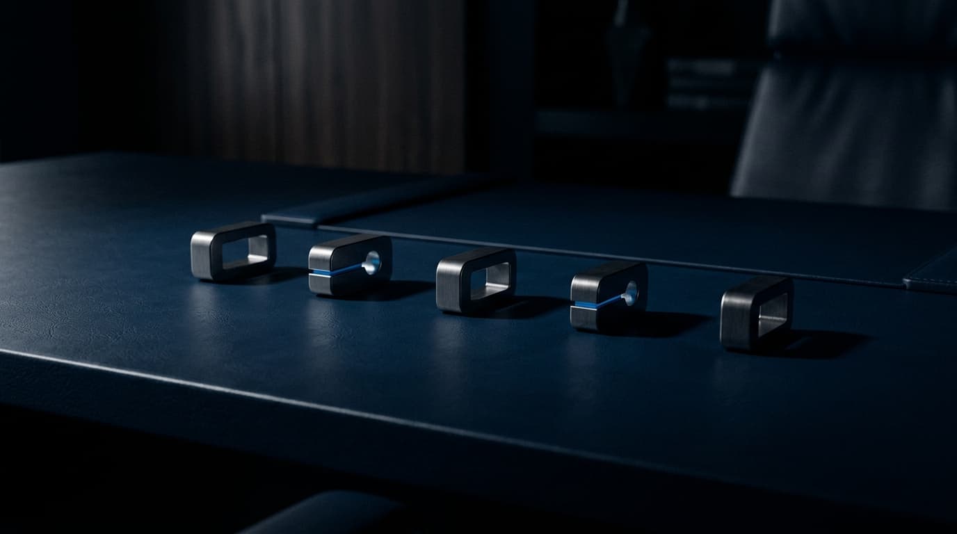 Sequenzielle Marker auf Navy-Desk — M&A Prozess