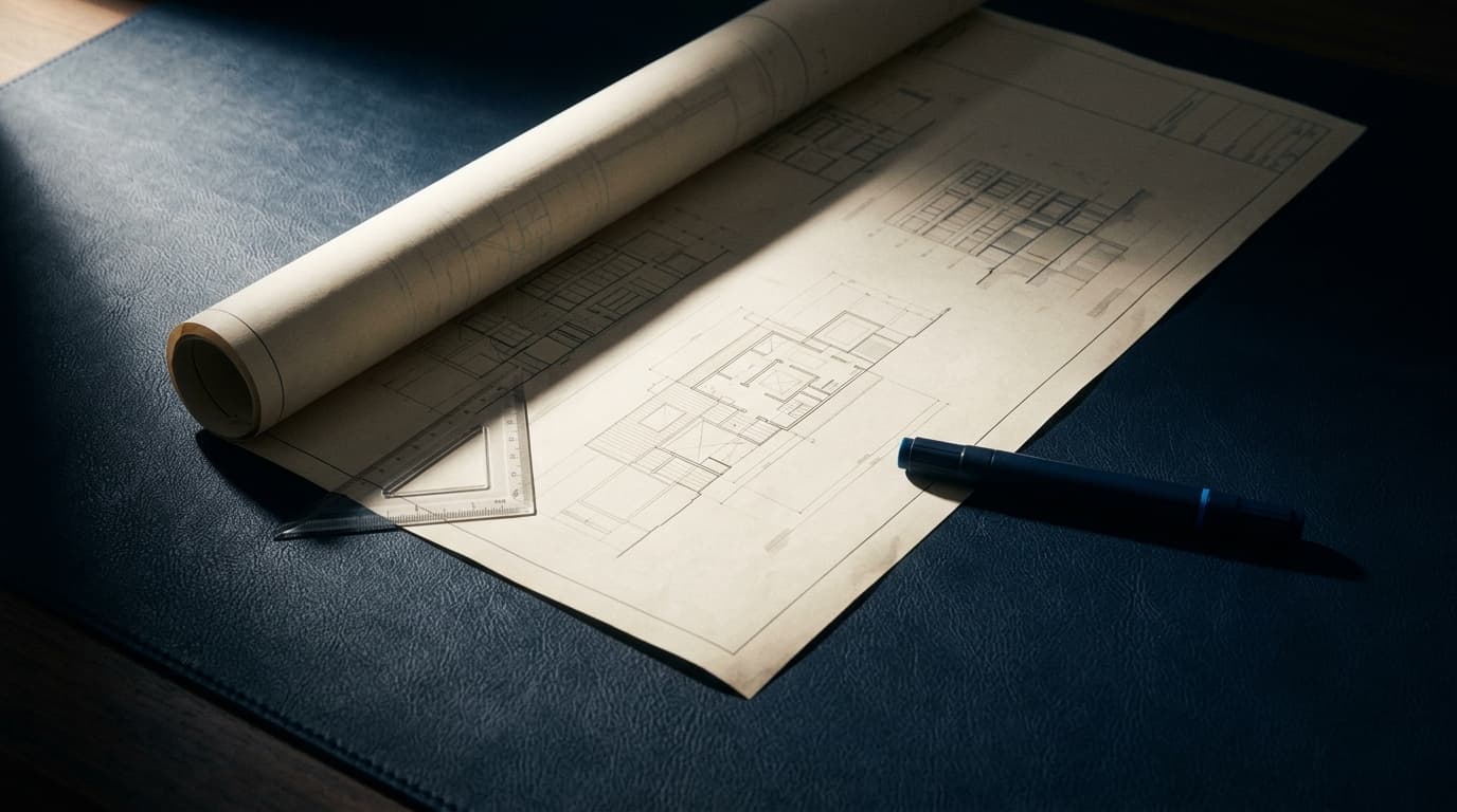 Architektonischer Blueprint auf Navy-Schreibtisch — Deal Origination